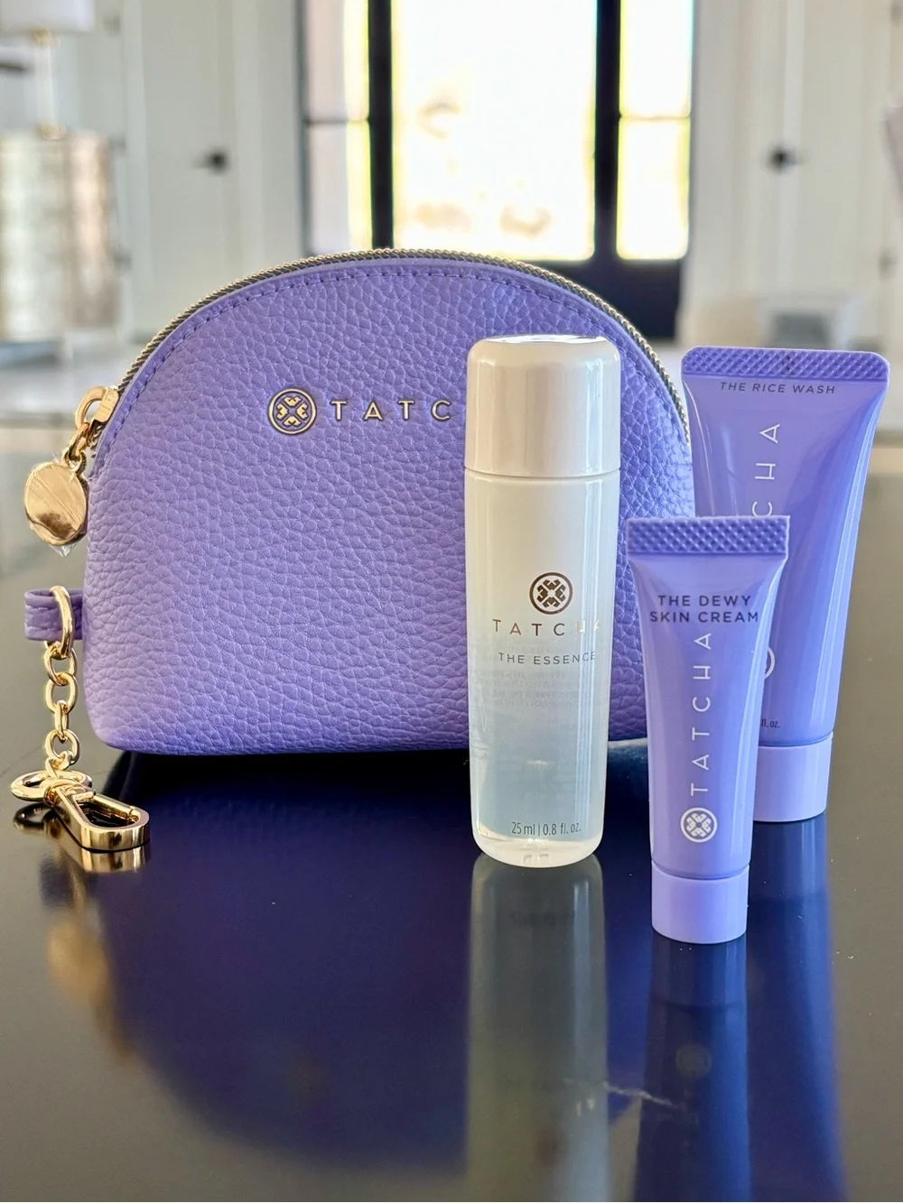 Miniature Tatcha Skincare Set with Cosmetic Bag with the Essence and skin cream